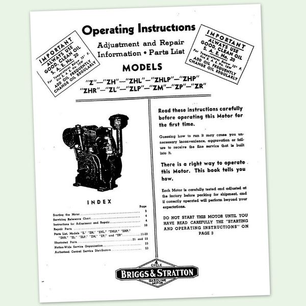 Briggs And Stratton Model Zhr Zl Zlp Engine Owners Operators Manual Maintenance