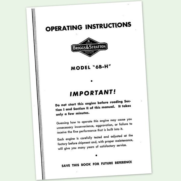 Briggs And Stratton 6B-H Engine Operators Repair Part Service Owners Manual & Bs