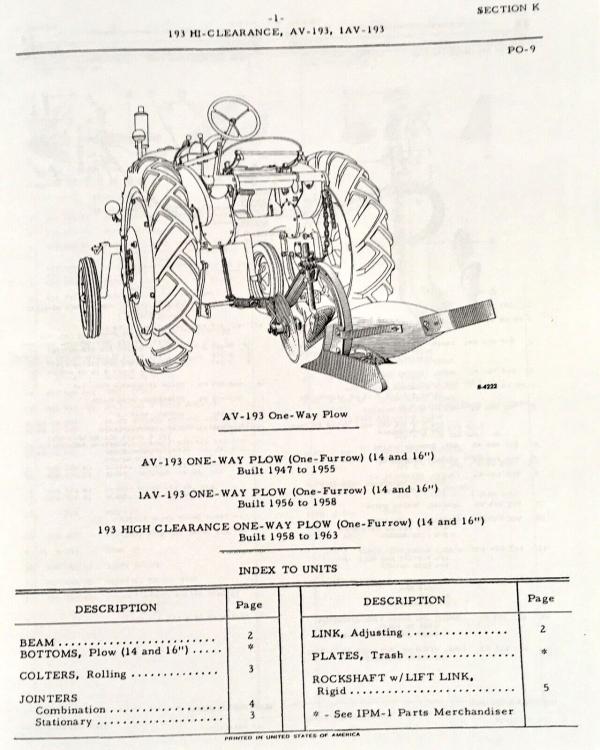 Farmall International AV-193 1AV-193 193 Moldboard Plow Parts Manual Catalog IH - Image 2