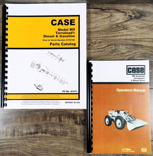 Case W9 Wheel Loader Parts Catalog Operators Manual Set GAS Prior to 8150186