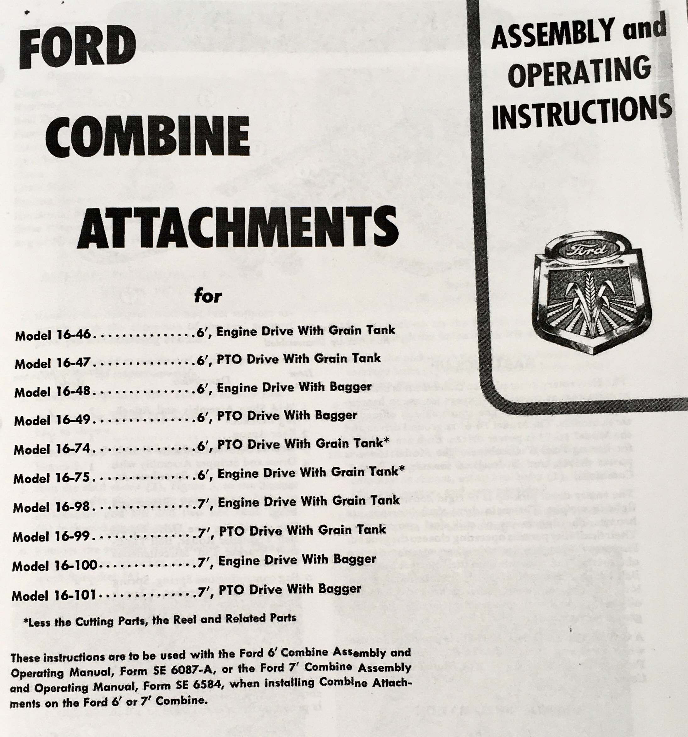 Ford 16-46 16-47 16-48 16-49 16-74 Combine Grain Attachments Operators Manual - Image 2