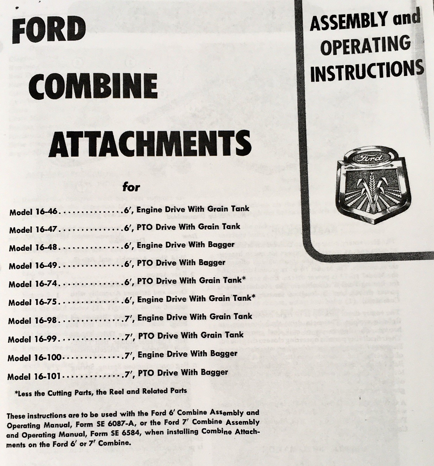 Ford 16-75 16-98 16-99 16-100 16-101 Combine Attachment Operators Manual Owners - Image 2