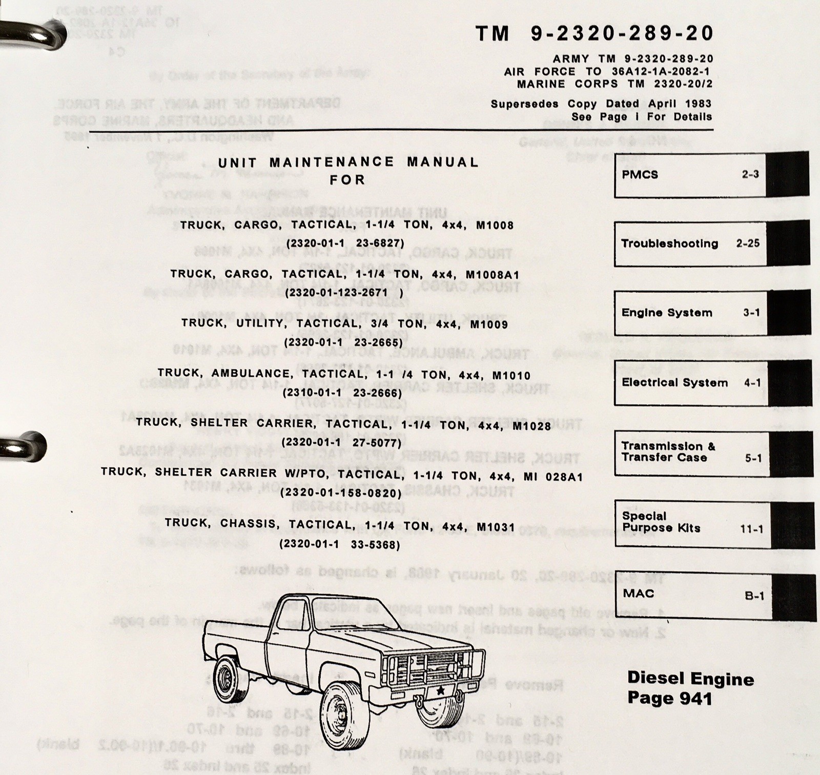 Service Manual Parts Catalog Set For M1031 1-1/4 Ton Tactical Chassis Truck - Image 3