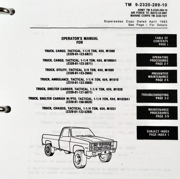 Service Parts Operators Manual Set For M1028 4X4 1-1/4 Ton Shelter Carrier Truck - Image 21