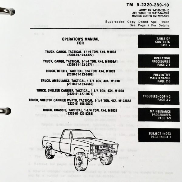 Service Parts Operators Manual Set For M1031 1-1/4 Ton Tactical Chassis Truck - Image 21