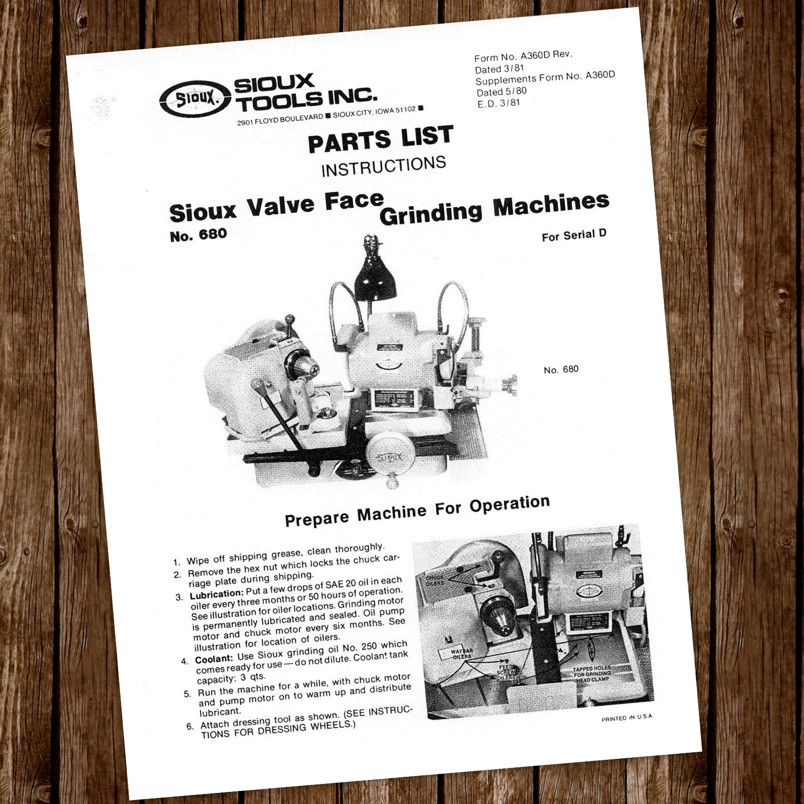 680 684 689 Sioux Valve Grinder Operators Instruction Parts Manual Printed Book