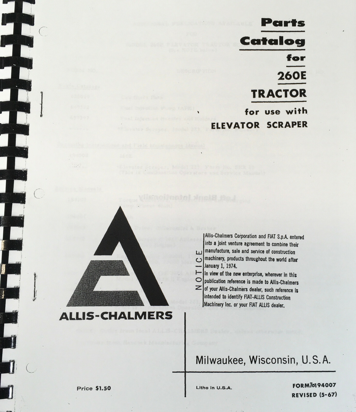 Allis Chalmers 260E Tractor Scraper Parts Manual Catalog Assembly Schematics - Image 2