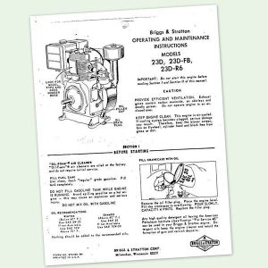 Briggs And Stratton Model 23D-R6 Engine Owners Operators Maintenance Manual & Bs
