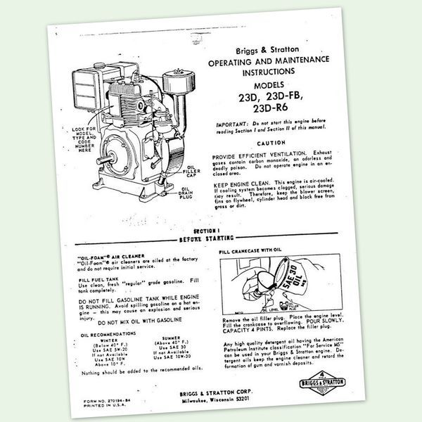 Briggs And Stratton Model 23D-R6 Engine Owners Operators Maintenance Manual & Bs